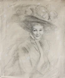 Porträt einer Frau mit breitkrempigem Hut, geschmückt mit Musselin, ca. 1905